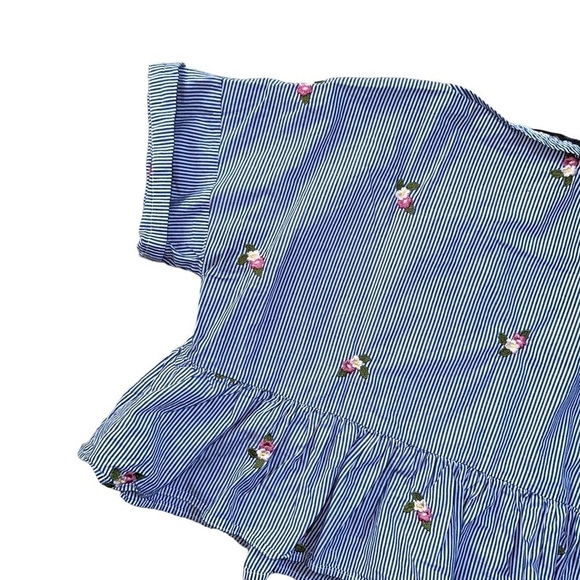 Zara Blue Striped Floral Embroidered Short Sleeve Blouse US M - Picture 9 of 9
